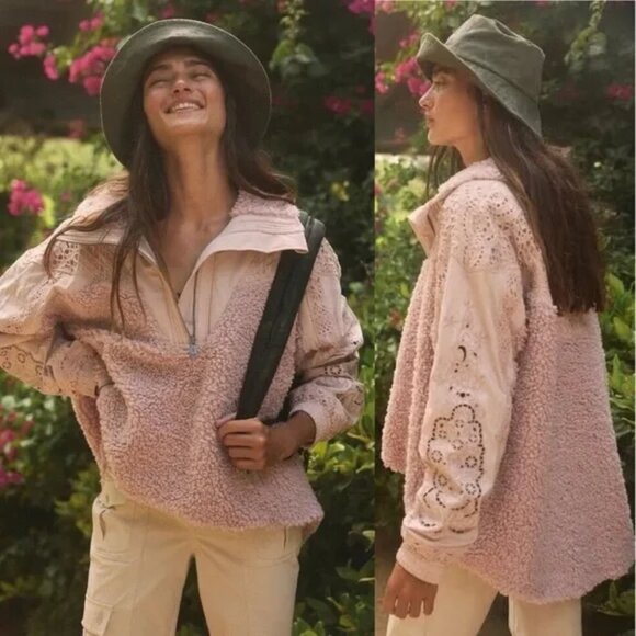 NWOT Free People Seaside Fleece Pullover Jacket Crochet Lace-size MEDIUM - Picture 1 of 3
